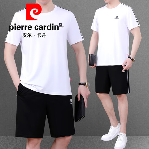 Pierre Cardin Middle-E-E-E-E-E-IN Summer Shorts Shorts Shorts Sweat Ice Seda Seda de secado rápido Camiseta de cuello redondo Dad Summer Day Clothes 9922 White [Camiseta de algodón + pantalones cortos] L _ (-120Jin [Jin equivale a 0.5 kg])