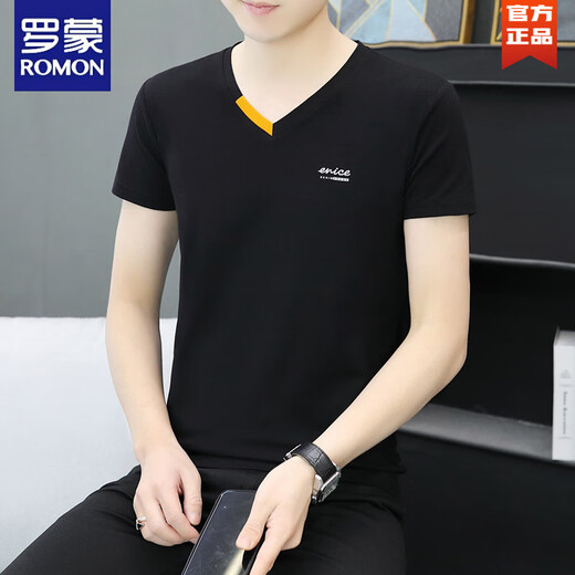 Romon Sommer neuer Männer purer Baumwoll gegen Halbschlärm T-Shirt Trendy Casual Small Letter Print Chicken Heart Kragen Kurzschlärm T-Shirt 691 Weiß M 90-100jin [Jin gleich 0,5 kg]