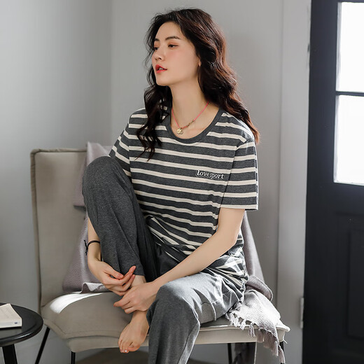 
PURCOTTON Cotton Era Summer Pajamas for women Pure Cotton Stripe Short Sleeve Trousers Thin Summer 2025 New Cotton Home Furnishing 7374 Bean Paste M [80-100Jin [Jin equals 0.5 kg]]