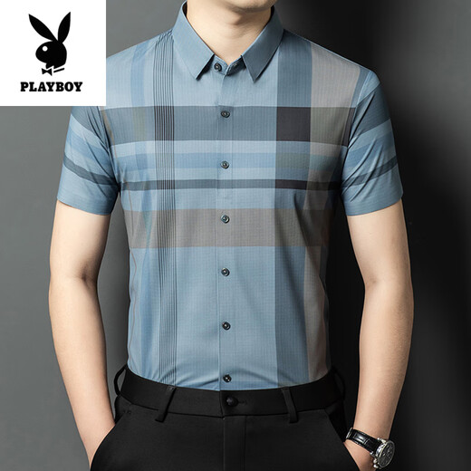 花花公子（PLAYBOY）高档夏季新款桑蚕丝短袖衬衫男士免烫抗皱商务休闲格子半袖衬衣潮 15273蓝色 M 165