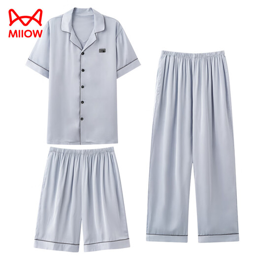 
Catman (MiiOW) summer men's three-piece pajamas ice silk short-sleeved trousers imitation silk 2025 new home clothing men's summer 14902+K15902 L