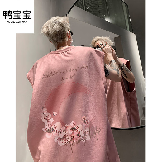鸭宝宝美式潮流ins印花背心男夏季2024新款休闲情侣坎肩宽松圆领无袖T恤 H9904-黑色 M