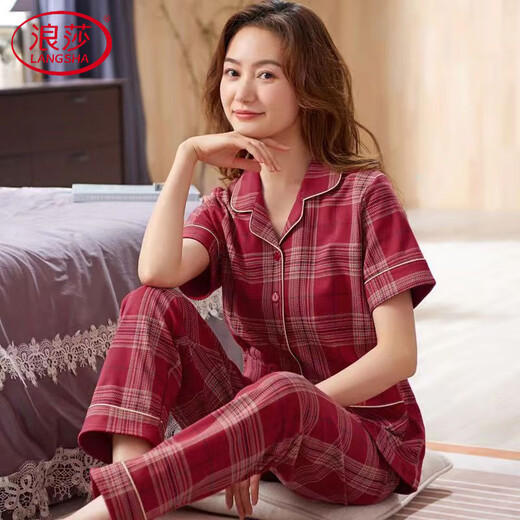 浪莎（LangSha）睡衣女士纯棉短袖长裤棉薄款夏天感夏款中年妈妈家居服 LNY-9923 M -建议80-95斤