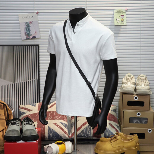 American waffle henley collar heavyweight short-sleeved t-shirt for men summer trendy shoulder half-sleeved tops T-shirt for men white henley collar thin section XL