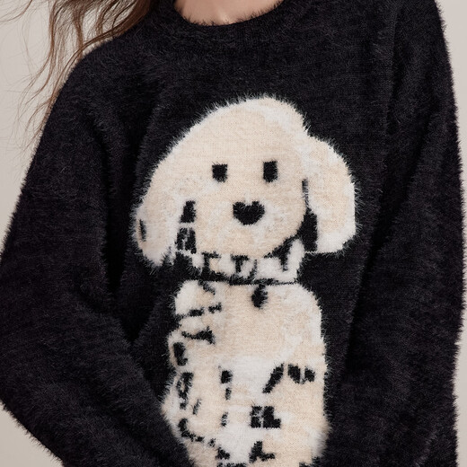 UNIFREE 25th Autumn Style Lazy Style Contrast Color Dog Pattern Vibrant Age-Reducing Loose Pullover Sweater Black One Size