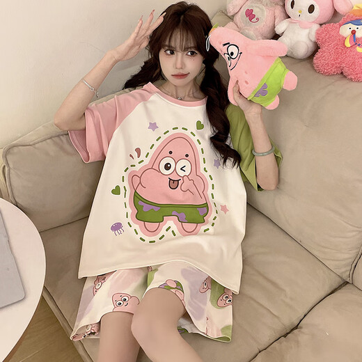 俊俊穗迪美短袖睡衣女款夏季纯棉短裤套装卡通青少年大码胖mm女孩学生家居服 短-XLL-4001 L 【建议100-120斤】