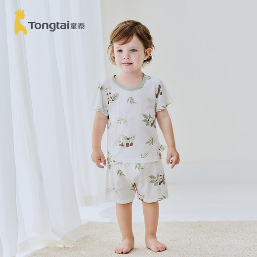 童泰（TONGTAI）宝宝短袖套装夏季薄款男童半袖家居服女童空调服无骨睡衣竹棉 熊猫黑 120 (无肩扣)