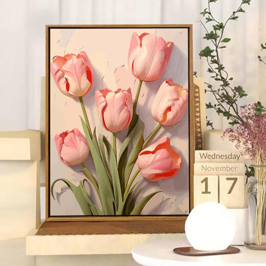 Three-April Tiger Tulip DIY digital oil painting difficult to pass the time to relieve boredom Hand-painted oil painting Living room hanging painting SJ13968 30*40cm stretched thick solid wood inner frame