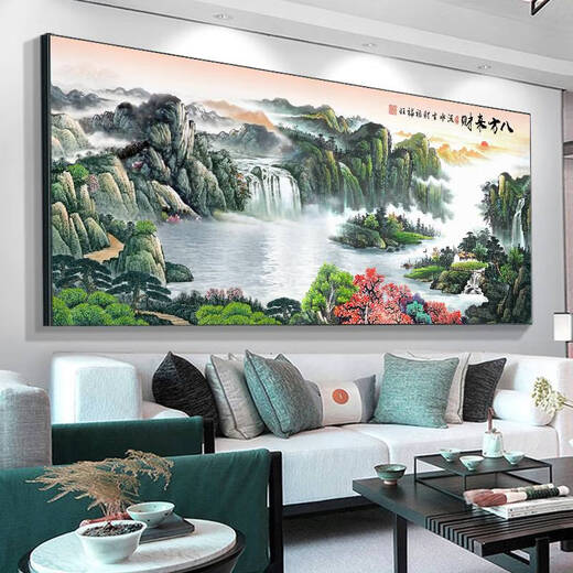 咏幻中式客厅山水挂画办公室字画背景墙装饰靠山图壁画流水生财风景画 背有靠山CT-3887 带框长140高60厘米-顺丰送货哑