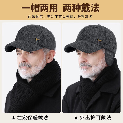 Red Dragonfly hat for middle-aged and elderly men, winter velvet thickened wool peaked cap for dad, grandpa and the elderly, ear protection baseball cap, wool blended ear protection style - black box, one size fits all, hat girth (56-60CM)