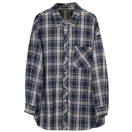 Sancai 2025 spring new plaid shirt loose mid-length shirt cardigan lapel casual retro M