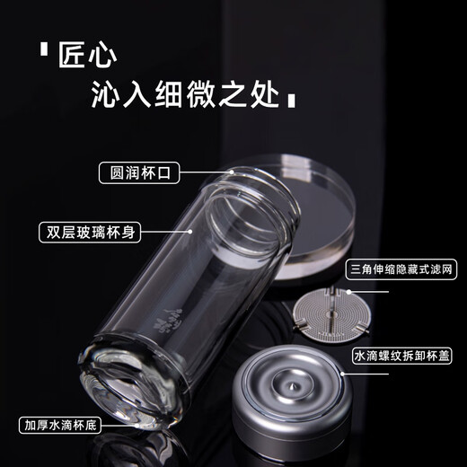 
QiMingYuan glass cup double-layer cup thread cup lid lettering gift box tea cup water drop cup bottom high borosilicate business tea cup QMY-6626A gun color with filter 200ml 1 piece