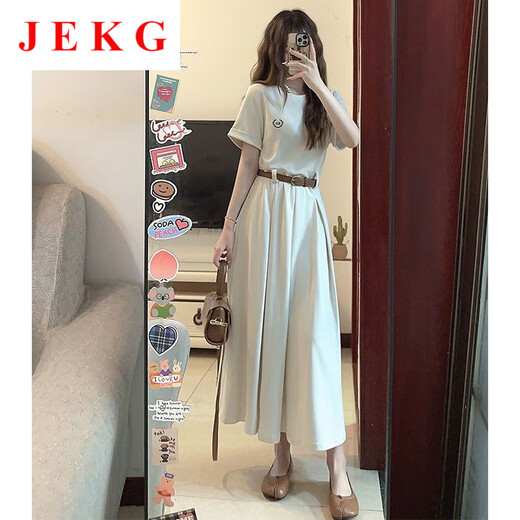JEKG短袖连衣裙女夏2025新款时尚减龄收腰显瘦休闲宽松胖妹妹气质长裙 豆绿色连衣裙1283 S