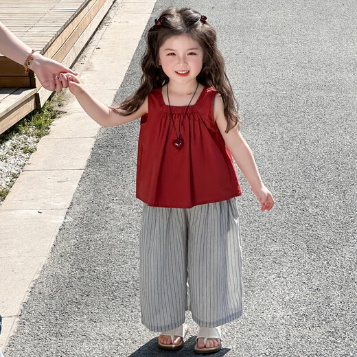 Girls Summer Set 2025 Neue modische Kinderkleidung 1-3 ärmelloses kleines Mädchen Sommer zweiteiliger Set 3-6 Jahre alte Burgund Dünnstil 120 cm