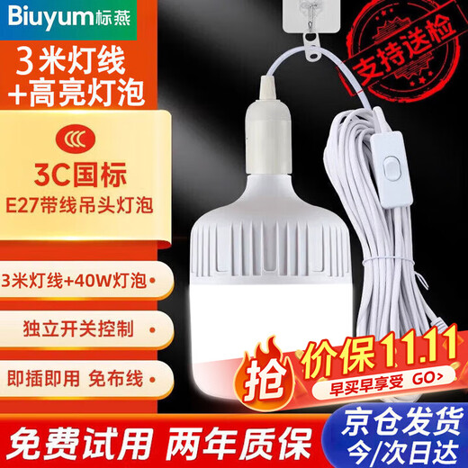 Biuyum plug socket chandelier switch extension cord hanging LED energy-saving lamp with cord plug integrated lamp E27 screw socket 2 plugs 3 meters light cord + 1 40W bulb