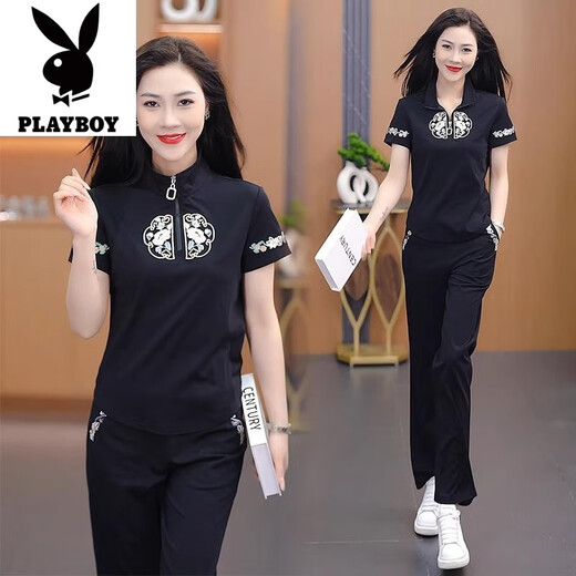 
Playboy (PLAYBOY) new Chinese casual sports suit for women 2025 summer new fashionable age-reducing slimming short-sleeved straight-leg pants two-piece set black [top + pants] good quality two-piece set - 2XL [recommended 125-140Jin [Jin equals 0.5 kg]]