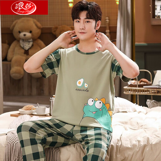 Langsha Pajamas pantalones de manga corta Nuevo algodón delgado algodón delgado algodón de algodón de algodón adolescente de la casa de los hombres del hogar AY3519 M Versión adolescente 70-85Jin [Jin iguala 0.5 kg]