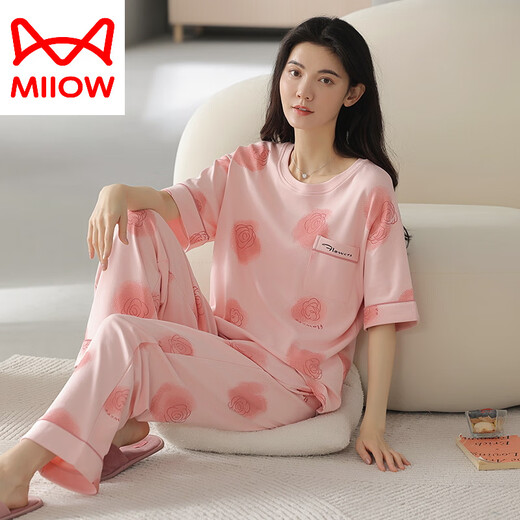 猫人（MiiOW）织睡衣女夏季纯棉短袖长裤薄款全棉夏天女士家居服套装春秋季 YZT9712主图款 短袖长裤 M 80-100斤