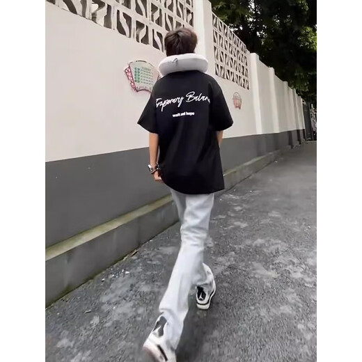 
POUM short-sleeved T-shirt men's 2025 summer loose American high street trendy brand letter printed T-shirt top YGWP-M691 black L