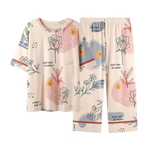 Modal Anzug Pyjama Frauen Sommer 2025 Neues reines Baumwollstil Lose kurzärmelige Kumpelhosen Zwei-teiliger Student Frühling und Herbst D679 Kurzärärmelte Hosen M Damen Gewicht 70-95 Jin [Jin gleich 0,5 kg]
