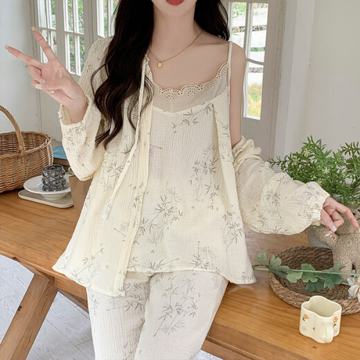 Pure Fengyun Fengyun Duo Cotton Start Pajamas para mujeres Juego de ropa para el hogar de la manga larga de tres piezas de tres piezas F9928# M Recomendado 80-100