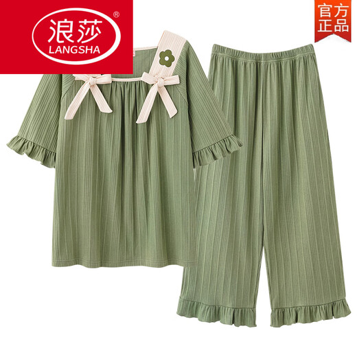 Langsha Pyjamas (Langsha) Frauen Sommer Reine Baumwolle süße koreanische Version kurzärmeligte Kumpel-Hosenanzug großer Größe Lose Frühlings- und Herbst-Mode-Heimkleidung Khaki D679 Kurzärärmelte sieben Ärmel-Hosen m Frauen
