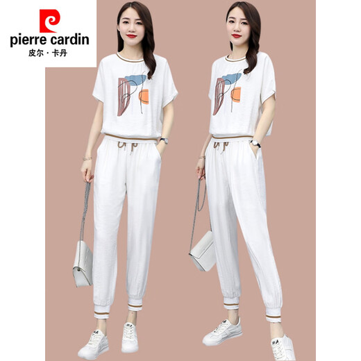 皮尔卡丹（pierre cardin）休闲时尚套装女夏季新款洋气T恤薄款小个子冰丝运动服短袖两件套 【684】黑色 M (建议100斤以下)