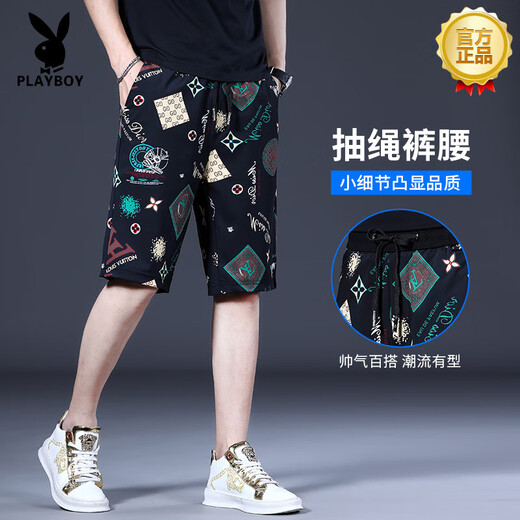 花花公子（PLAYBOY）2025新款冰丝短裤男潮牌弹力七分裤中裤男款透气男士休闲五分裤时 1585黑色 28