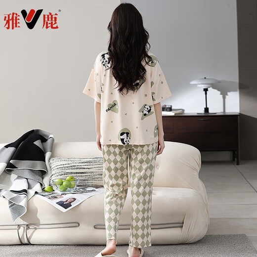 
Yalu pajamas women's summer pure cotton short-sleeved trousers summer cartoon thin mother's home clothing suit can be worn outside 673 XL