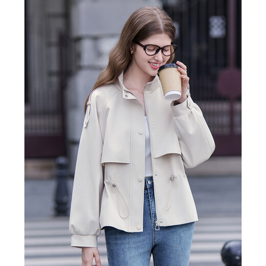 Betu Women's 2025 Autumn New Windbreaker Temperament Windproof Stand Collar Drawstring Waist Slim Jacket 2508T59 Light Apricot M