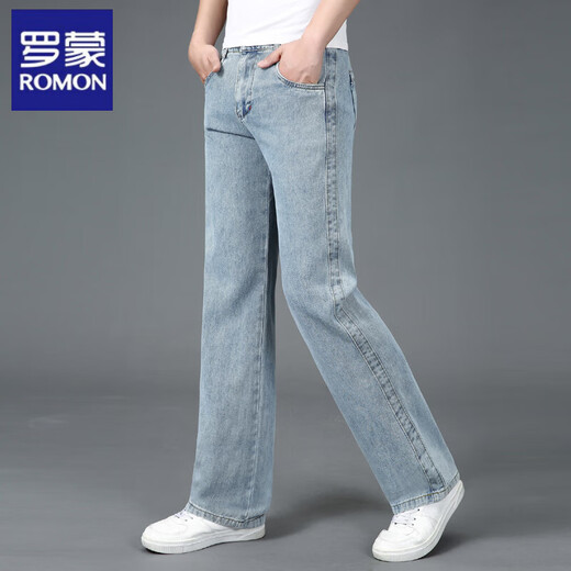 ROMON Printemps et Automne Jeans Ample Hommes Mince Droit Coton Grande Taille Jambe Large Quatre Saisons Pantalons Occasionnels d'âge Moyen et Âgés Grandes Jambes 688 Couleur Claire 28 Taille 2 pieds 1