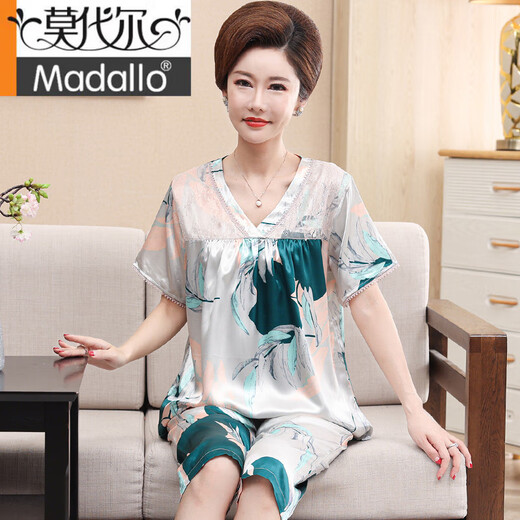 莫代尔妈妈睡衣夏季真丝薄款短袖中老年人女士真丝绸家居服大码胖MM套装 WH-838 M (建议穿80斤-100斤)