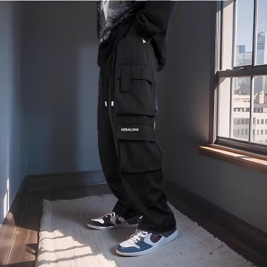 One drop to the bottom black overalls trendy brand pocket wide leg casual paratrooper pants straight loose pants men's pudding C666 black L 100-120Jin Jin equals 0.5 kg