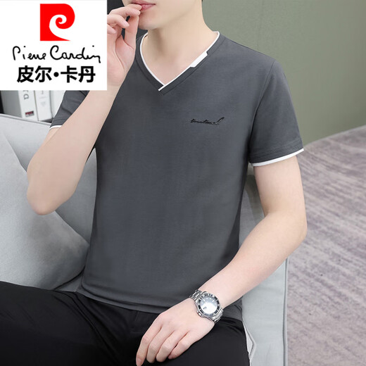 皮尔卡丹（pierre cardin）针男士鸡心领短袖t恤2025夏季新款百搭休闲潮流冰丝帅气T恤织 qy694豆绿色 M