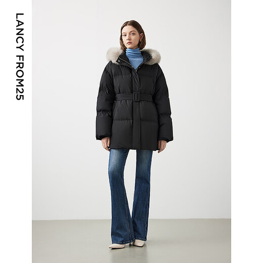 朗姿霍尔多巴吉白鹅绒可拆卸狐狸毛领加厚羽绒服外套冬季新款 黑色 M