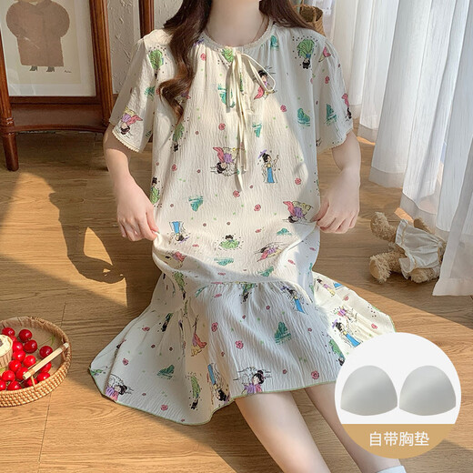 维多利亚的格调带胸垫睡衣女夏季2025新款宽松可爱韩版碎花睡裙中长款家居服大码 M16862【带胸垫】 2XL