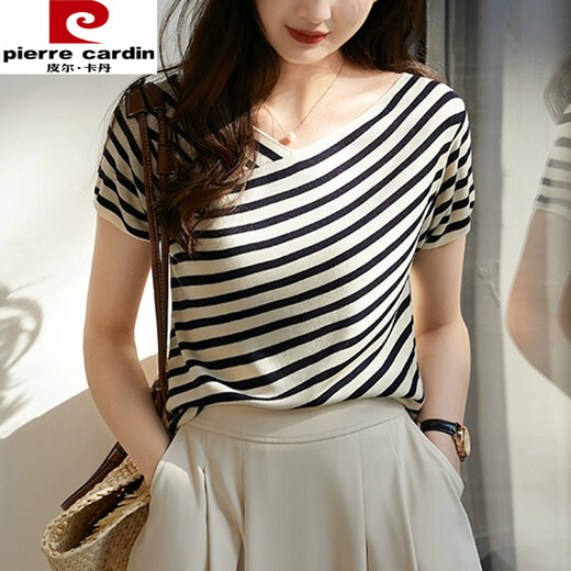 Pierre cardin French striped short-sleeved T-shirt for women in summer 2025 new loose slim v-neck thin knitted ice silk top DX829# striped color M Recommended 100-115Jin [Jin equals 0.5 kg]