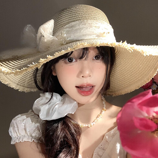 丽纱蓓儿草帽女2025年新款蕾丝蝴蝶结大帽檐法式沙滩帽海边防晒草编遮阳帽 米白色