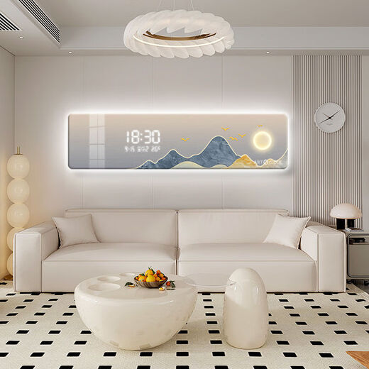 La luz moderna de la luz moderna de la luz de lujo de la pared de la pared de la pared de la pared de la pared de la pared del paisaje de la luz del paisaje de la luz del estilo de la crema de alta gama Pintura de decoración de la sala de estar PD3899 (reloj electrónica de pantalla LED) 120*30 Pintura colgante sin luz [Modelo de enchufe de pantalla digital]