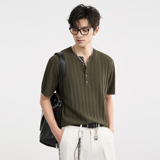Piaget Zall Thin Breathable Jacquard Knitted Summer Henley Collar Advanced Design Men's Short-Sleeved T-Shirt Army Green M