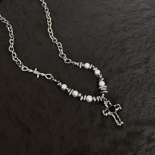 Love Flame Cross Pearl Necklace Titanium Steel Sweater Chain Unisex Punk Style Clavicle Chain with Gift Box Love Cross Titanium Steel Chain with Gift Box Packaging