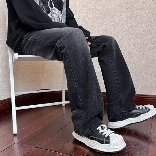 美式复古高街嘻哈春夏季渐变黑灰牛仔裤男宽松直筒阔腿潮长裤子男 XBNDMNZ-757黑色 XL