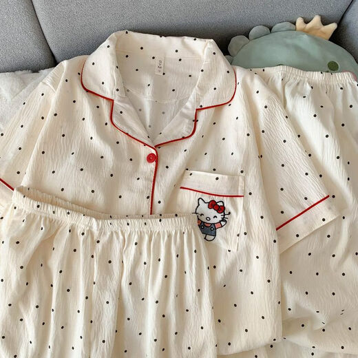 Außerdem Pyjama mit Brustpolster für Frauen, Sommerwolken-Baumwoll-Kurzarmhose, lose große dünne Sommer-Drei-teilige Set, Heimkleidung, H9928 Polka Dot KT Katze, brustloses Pad m