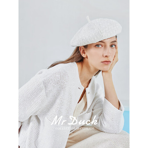 Mr DUCK new product classic white octagonal small fragrant beret female British black pumpkin hat trendy coat hat MW226756-classic white (beret) S (52-54cm)