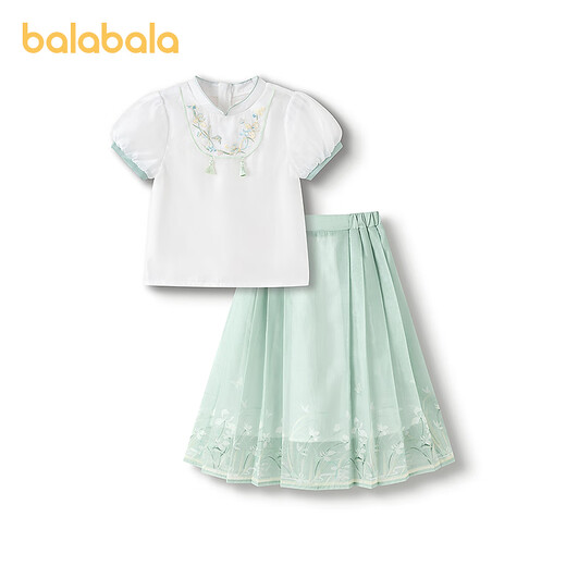 Balabala Children's's Clothing Girls Kirt-Face Jirt Children's Suit 2025 Été Nouvelle chemise Broidered Jupe courte Nouveau Tone blanc et vert de style chinois 00314 90