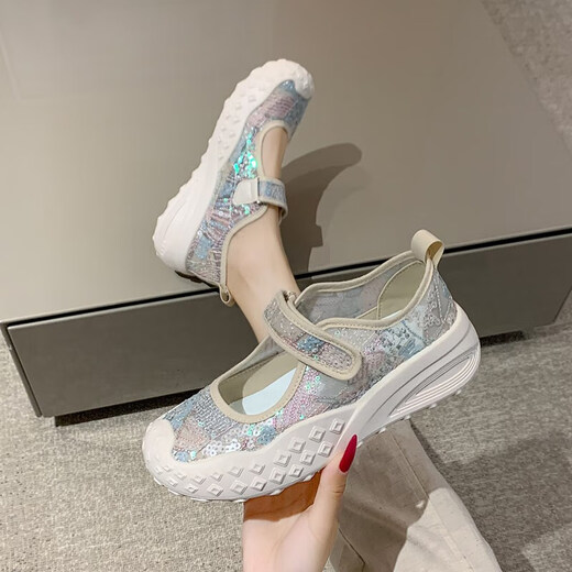 Women's shoes 2025 summer new breathable and lightweight Mary Jane Velcro one foot thick sole anti-slip slow step mother's shoes YGNX-677 blue 35