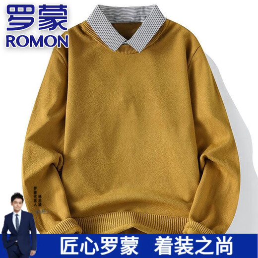 罗蒙（ROMON）高端假两件套头毛衣男士春秋款时尚休闲商务衬衫领打底上衣针织衫 黑色【假两件针织衫】 2XL