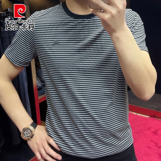 
Pier Cardin summer 2025 round neck striped short-sleeved men's T-shirt casual half-sleeved slim base shirt sports T-shirt trend 9901 black M suggests 90-115Jin [Jin equals 0.5 kg]