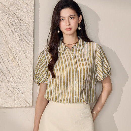 ROEYSHOUSE Roe Roe Lapel Striped Shirt 2025 Summer French Lantern Sleeve Top 12110 Striped 2XL