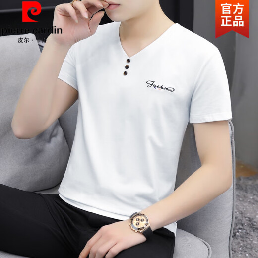 皮尔卡丹（pierre cardin）高品质夏季V领纯棉短袖男t恤男装白色潮牌印花简约休闲打底衫针织 白色691 M 90-115斤
